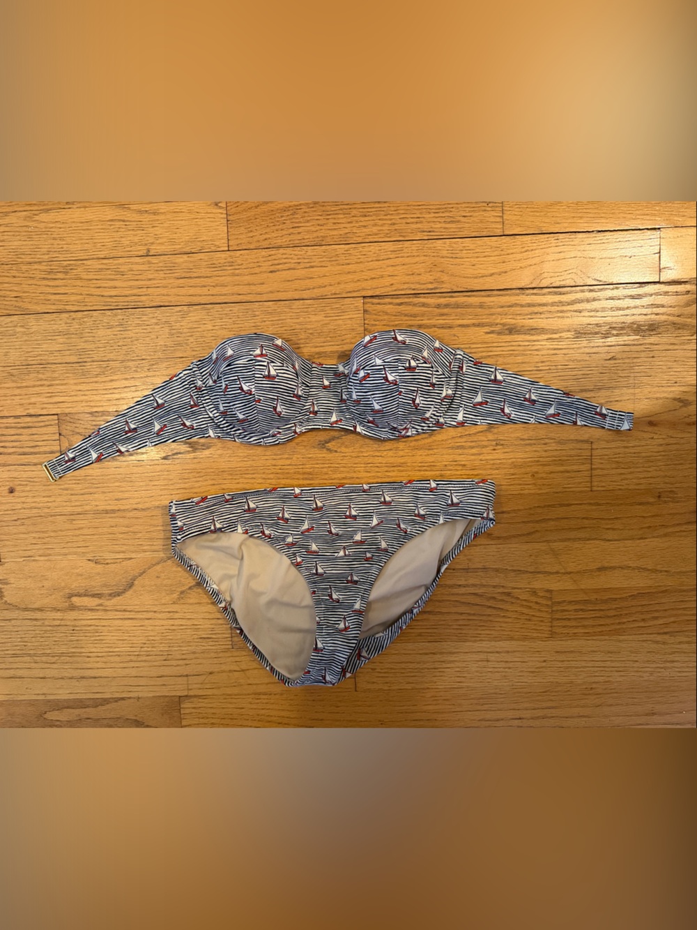 J. Crew Navy and White Striped Bikini with Red Sailboat Print